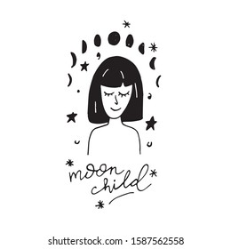 Vector illustration with moon girl isolated on white background. Concept in doodle hand drawn style. It can be used for poster, postcard, t-shirt print, flyer and other design.