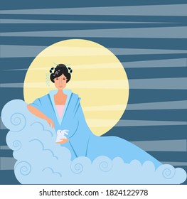 Vector illustration of a moon goddess in mid autumn festival with a moon rabbit
