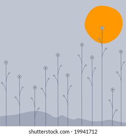 Vector illustration of   the moon is going down over the night  flowers on grey background