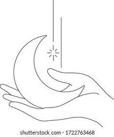 Luna de ilustración vectorial en la mano. Dibujo de contorno en blanco y negro para tatuajes, impresiones, patrones, tarjetas, diseños