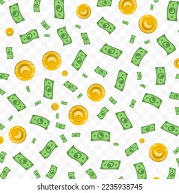 Vector illustration of Moon money. Random pattern of banknotes and coins in green and gold colors on transparent background (PNG). 