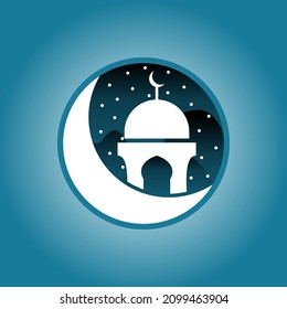 vector illustration of a moon, mosque, stars, and mountains. Can be used as a logo, icon, brand, mascot, wallpaper, background, and photo profile