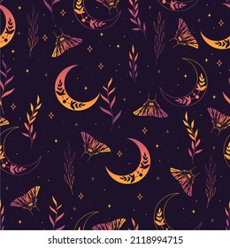 Vector illustration with moon moth and crescents on violet vintage background. Contemporary composition. Trendy texture for print, textile, packaging.