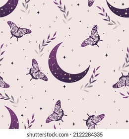 Vector illustration with moon moth and crescents. Contemporary composition. Trendy texture for print, textile, packaging.