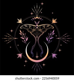 Ilustración vectorial de la polilla lunar. Para imprimir camisetas y bolsos, elemento decorativo. Ilustración mística y mágica, astrología