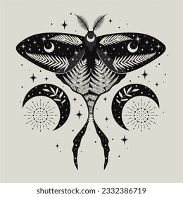 Vector illustration of moon moth. For print for T-shirts and bags, decor element. Mystical and magical, astrology illustration