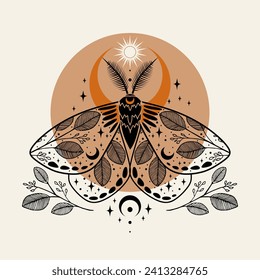 Vector illustration of moon moth. For print for T-shirts and bags, decor element. Mystical and magical, astrology illustration