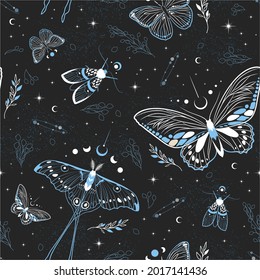 Vector illustration with moon moth and stars on black vintage background. Contemporary composition. Trendy texture for print, textile, packaging. 