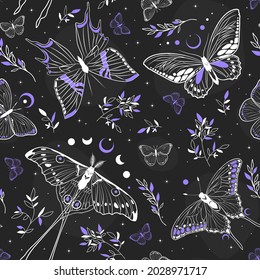 Vector illustration with moon moth and stars on black vintage background. Contemporary composition. Trendy texture for print, textile, packaging. 