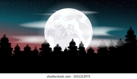 Vector illustration. Moon. Night sky. Starry sky. Forest. Night landscape