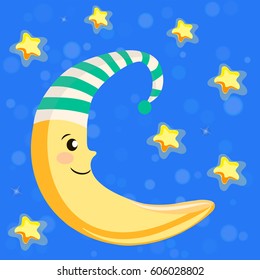 Vector illustration of moon in a nightcap sleeping in the sky with stars