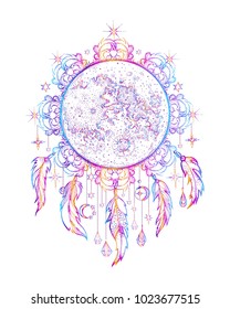 Vector illustration moon on the background mandala with pendants, sacred amulet, colorful tattoo, isolated. Psychedelic art, print, posters, t-shirts, textiles. Boho style, yoga, cosmos. Dream hunters