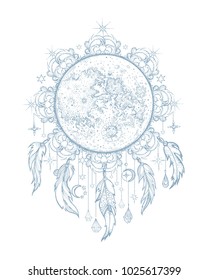 Vector illustration moon on the background mandala with pendants, sacred amulet, colorful tattoo, isolated. Psychedelic art, print, posters, t-shirts, textiles. Boho style, yoga, cosmos. Dream hunters
