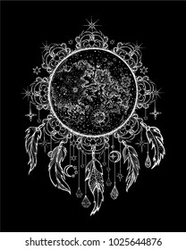 Vector illustration moon on the background mandala with pendants, sacred amulet, colorful tattoo, isolated. Psychedelic art, print, posters, t-shirts, textiles. Boho style, yoga, cosmos. Dream hunters