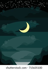 Vector illustration of moon over the sea between rock mountain on dark green sky, cloud, stratum and space with star. Seascape. Nature landscape background.