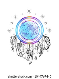 Vector illustration moon with pendants, sacred amulet, colorful tattoo, isolated. Psychedelic art, print, posters, t-shirts, textiles. Boho style, yoga, cosmos. Dream hunters.  Bohemian. Bohemia.