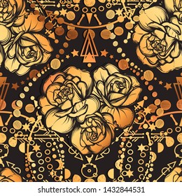 Vector illustration, Moon Phases, Alchemy, magical astrology, spirituality and occultism, roses, Handmade, print on t-shirt, dark   background, seamless pattern