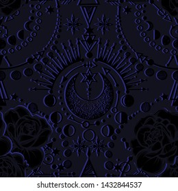 Vector illustration, Moon Phases, Alchemy, magical astrology, spirituality and occultism, roses, Handmade, print on t-shirt, dark blue  background, seamless pattern