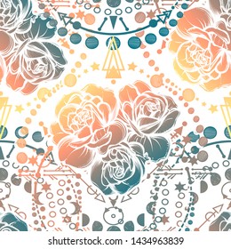 Vector illustration, Moon Phases, Alchemy, magical astrology, spirituality and occultism, roses, Handmade, print on t-shirt, seamless pattern, light  background