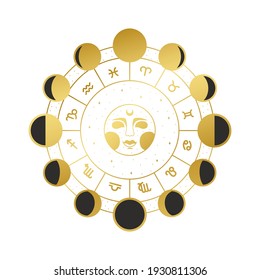Ilustración vectorial de las fases de la luna circulo con signos de zodiaco. Gradiente dorado. La ilustración está aislada.