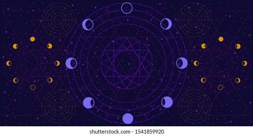 vector illustration of moon phases cycles and flat linear geometric motif  dark night sky background