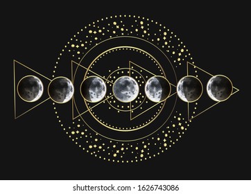 Vector illustration moon phases. Different stages of moonlight activity in vintage engraving style.