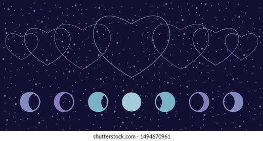 vector illustration of moon phases and hearts for love horoscope and finding partner concept