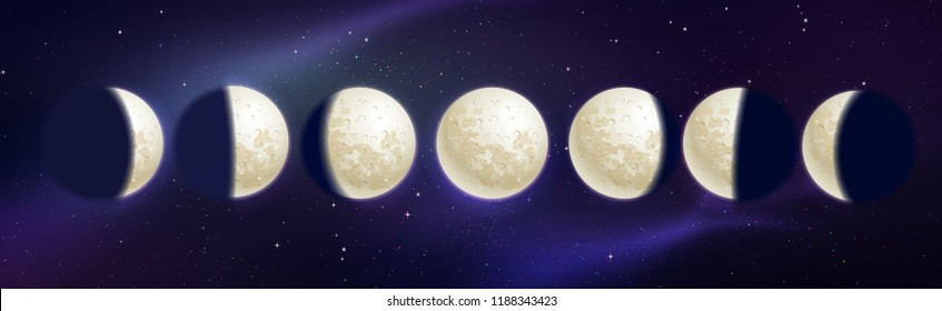 Vector illustration of moon phases on outer space background.