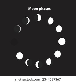 Vector illustration of moon Phases shapes. on a dark background, on white and outlined