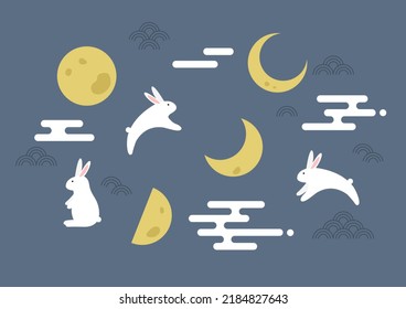 Vector illustration of moon and rabbits.