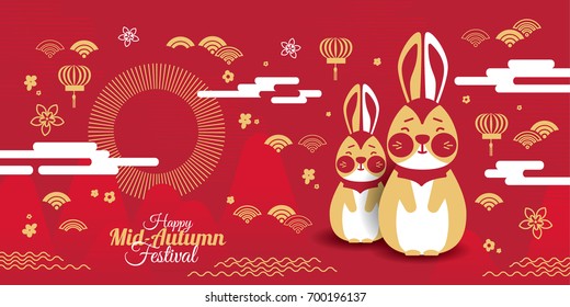 Vector illustration moon rabbits for celebration Mid Autumn Festival . Translation: Happy Mid Autumn Festival, Chuseok. Chinese holiday.