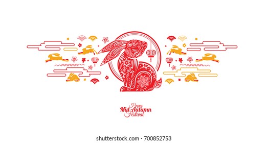 Vector illustration moon rabbits for celebration Mid Autumn Festival . Translation: Happy Mid Autumn Festival, Chuseok. Chinese holiday.