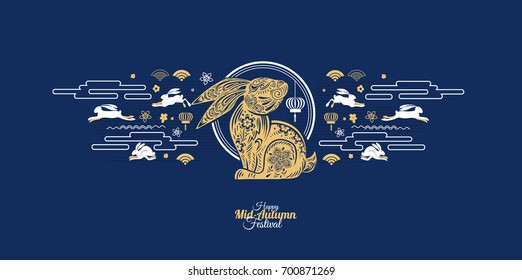 Vector illustration moon rabbits for celebration Mid Autumn Festival . Translation: Happy Mid Autumn Festival, Chuseok. Chinese holiday.
