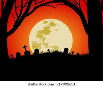 Vector illustration of moon in red sky with grassy ground and graves, Halloween festival concept.