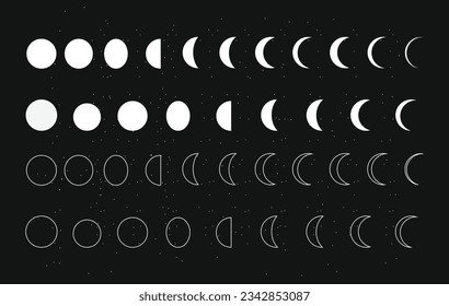 Vector illustration of moon shapes on a dark background, filled in white and outlined