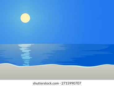 Vector illustration of the moon shining over the sea at night with a beautiful moon road reflection. Perfect A4 landscape background for serene, romantic, or night-themed designs.