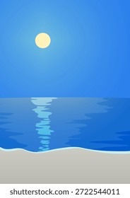 Vector illustration of the moon shining over the sea at night with a beautiful moon road reflection. Perfect A4 vertical background for serene, romantic, or night-themed designs.