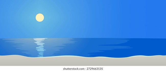 Vector illustration of the moon shining over the sea at night with a beautiful moon road reflection. Perfect banner or header design for serene, romantic, or night-themed designs.