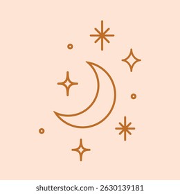 Vector illustration of moon and shining stars. Star icon, emblem of symbol in modern simple flat or boho style