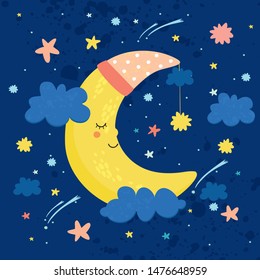 vector illustration the moon in the sky is sleeping. good night