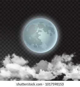 Vector illustration of moon skyscape with realistic night moon and few clouds floats isolated on transparent background