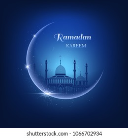 Vector illustration with moon, sparkles, glitters, blue mosque on a night blue sky background and Ramadan Kareem text. Beautiful greeting card for muslim community festival.