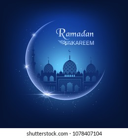 Vector illustration with moon, sparkles, glitters, blue mosque on a night blue sky background and Ramadan Kareem text. Beautiful greeting card for muslim community festival.