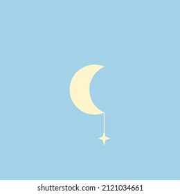 Vector illustration of Moon with star in flat style. Aesthetic and beautiful minimalistic icon. 