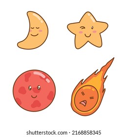 vector illustration of moon, star, planet and meteor characters. they are celestial bodies.