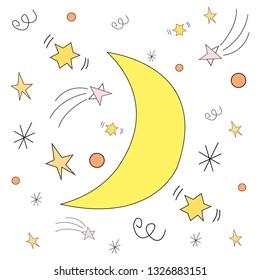 Vector illustration of the moon and stars with contour. Cute children's greeting card, wallpaper, cover.
