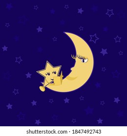 Vector illustration of the moon and stars. Moon and stars in the dark sky. Children's funny illustration. Asterisk reads a book for the moon