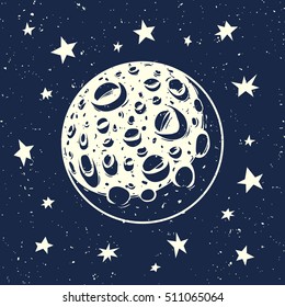 Vector illustration of the moon and stars.
Full moon with craters and stars in the night sky.