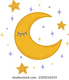 Vector illustration of the Moon with stars isolated on a white background. Half a month and bright stars. Halloween.