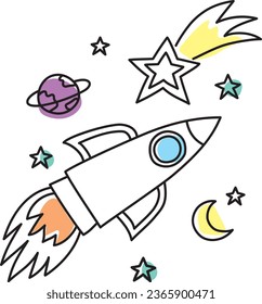 Vector illustration with moon, stars, planet, comet and rocket in doodle childish style.